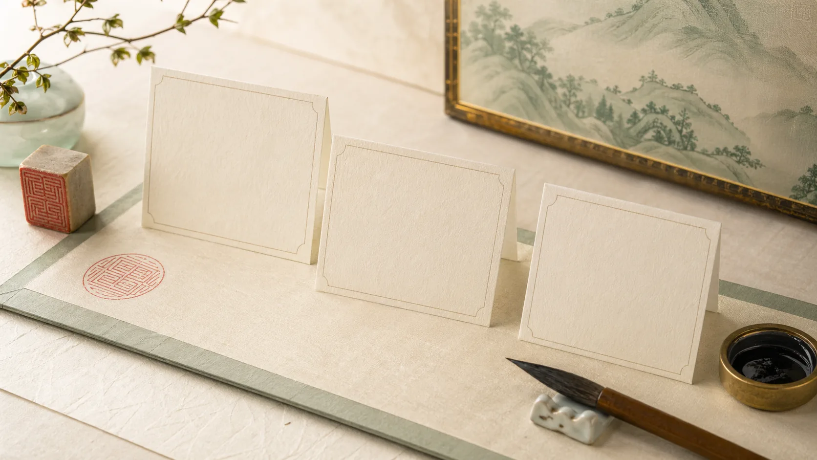 Layered Korean name cards with a seal showing family-name-first order.