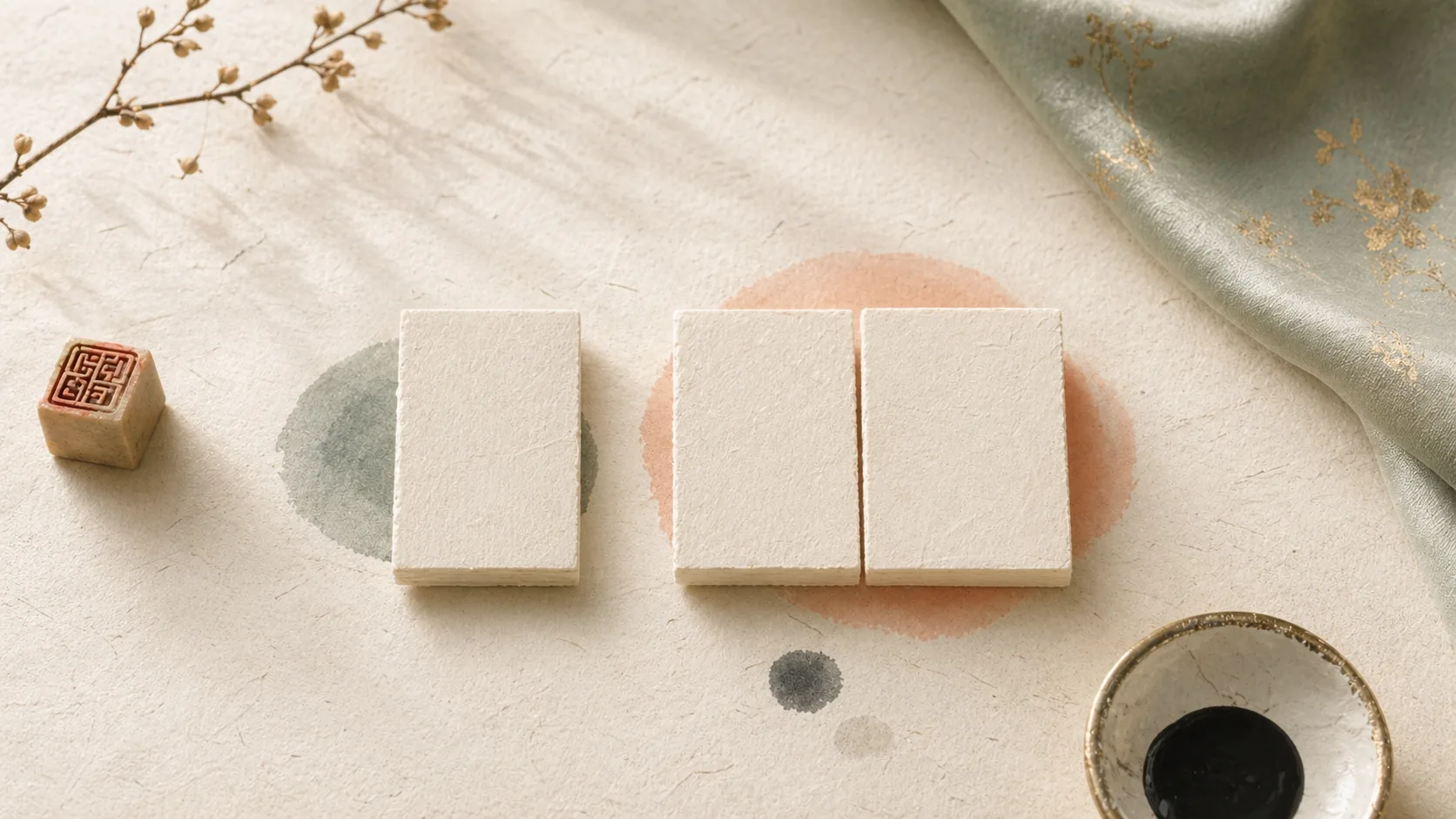 Two blank syllable tiles on hanji paper representing Korean given-name rhythm.