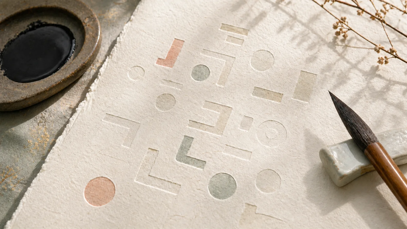 Abstract Hangul-inspired shapes embossed on hanji paper.