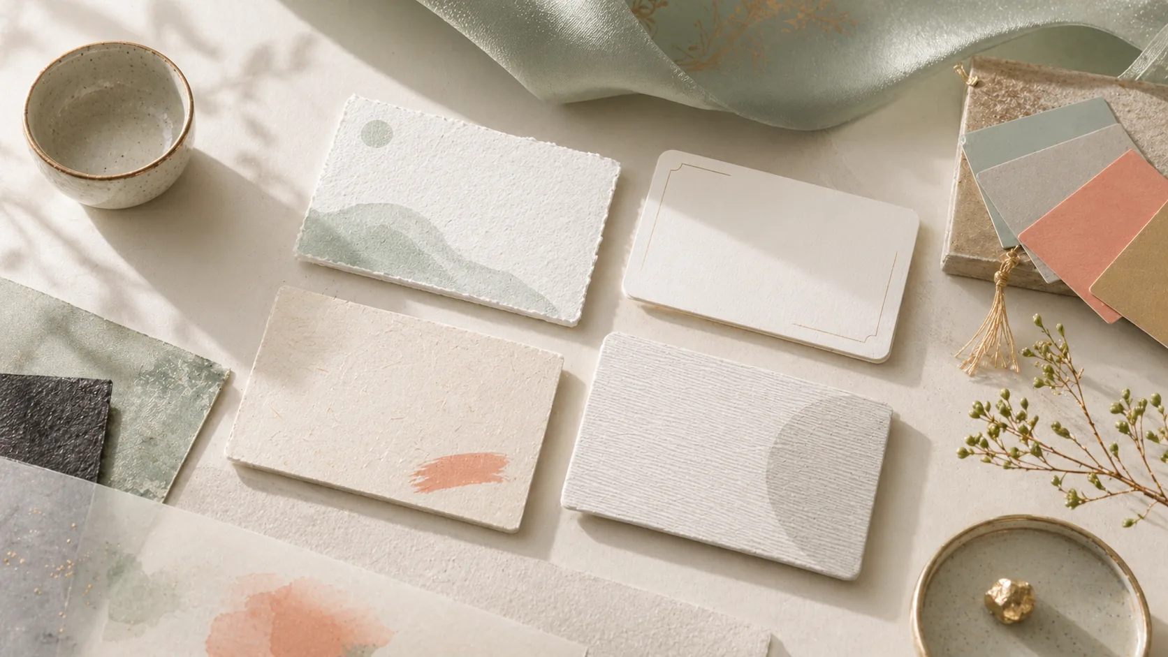 Modern name-card materials and color swatches showing name style and impression.