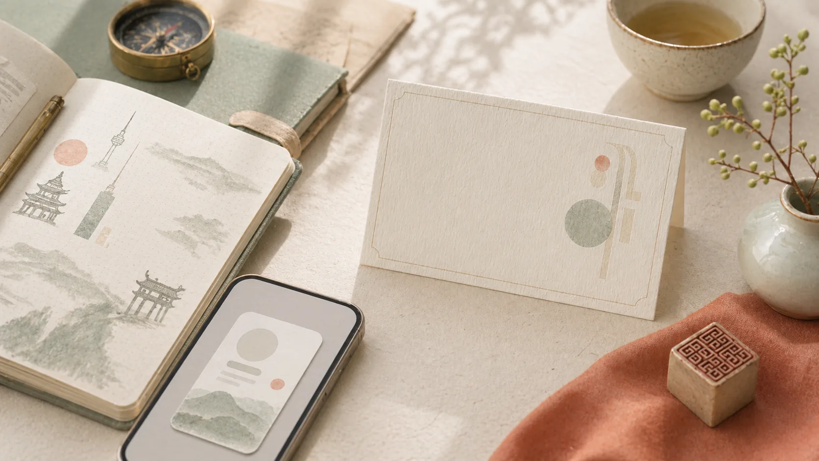 A language notebook, travel journal, and blank profile card for casual Korean-style name use.