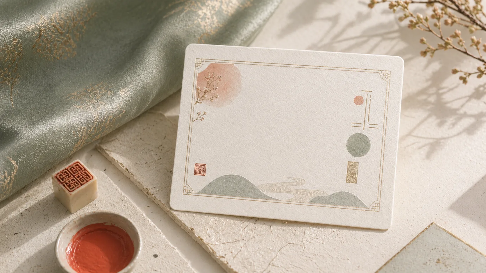 A refined blank Korean name card on hanji with seal ink and jade silk.