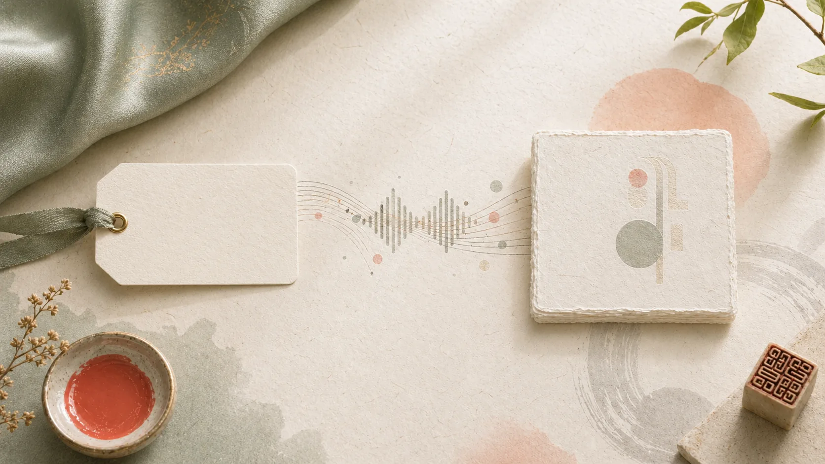 Abstract sound waves moving from one blank name tag to another.