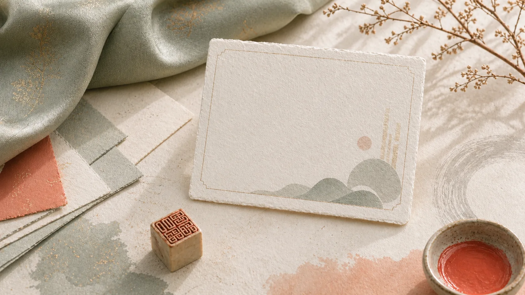 A new Korean-style identity card arranged with seal ink and jade silk.