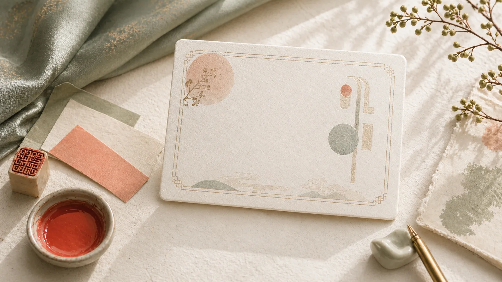 A polished blank name card with color swatches and seal ink.