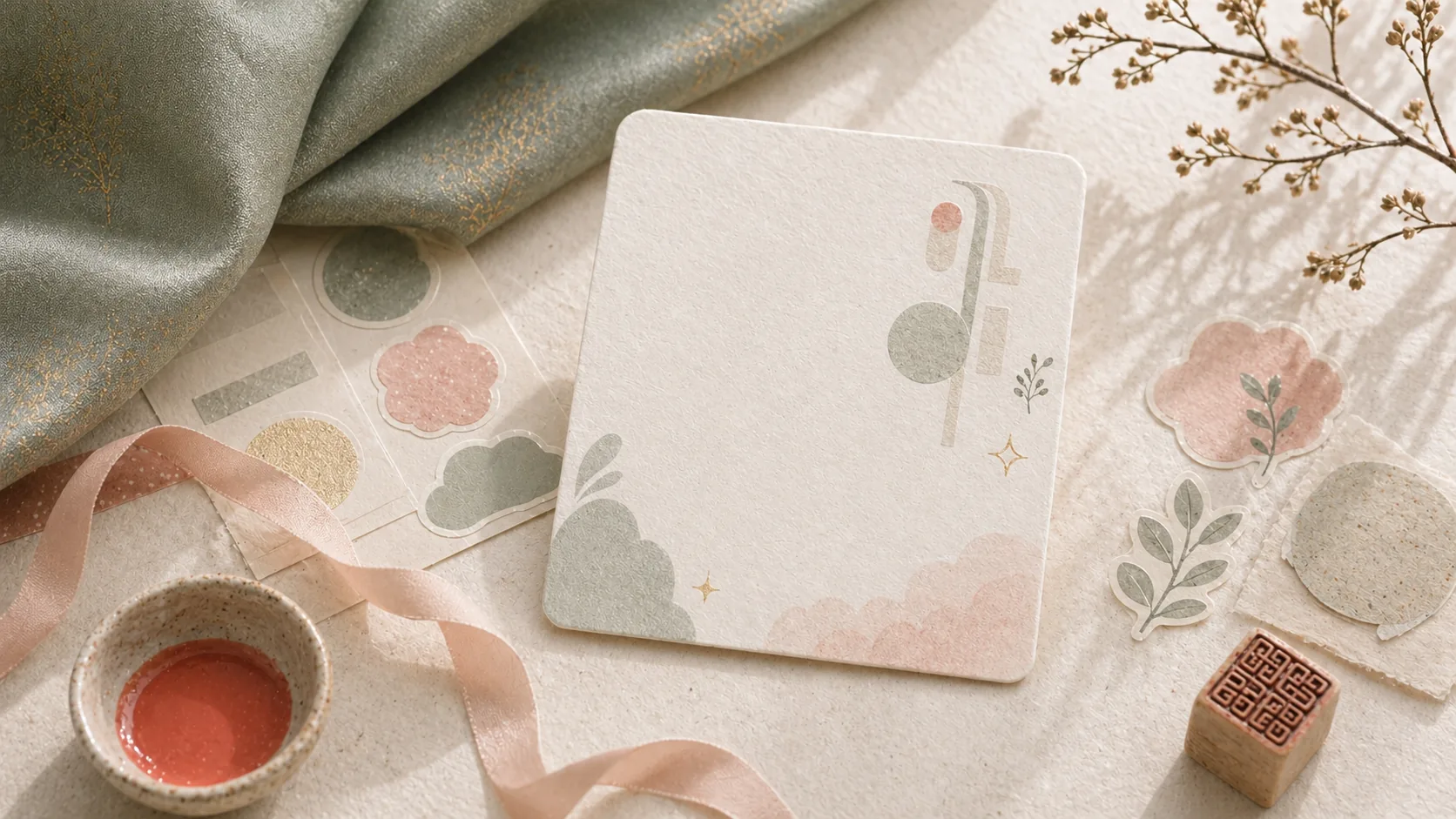 A warm personal profile card with soft creative desk details.
