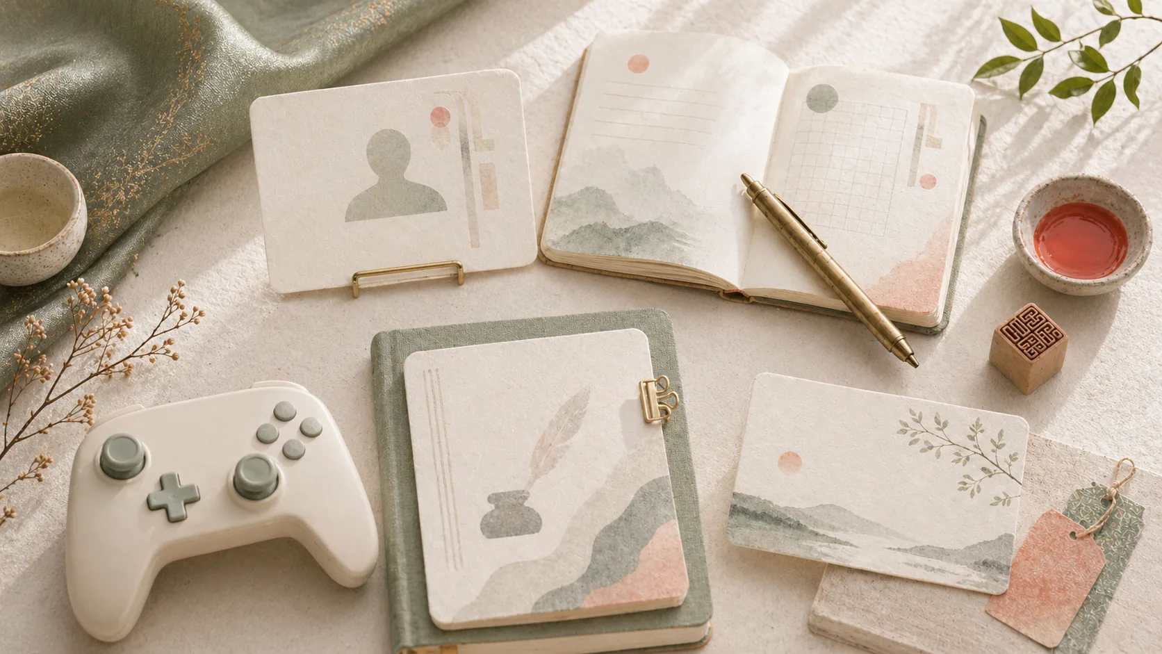 Profile, language, gaming, travel, and creative objects arranged on a desk.