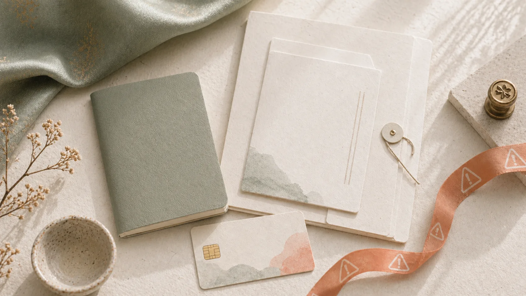 Blank official documents and a passport-like booklet with a caution ribbon.