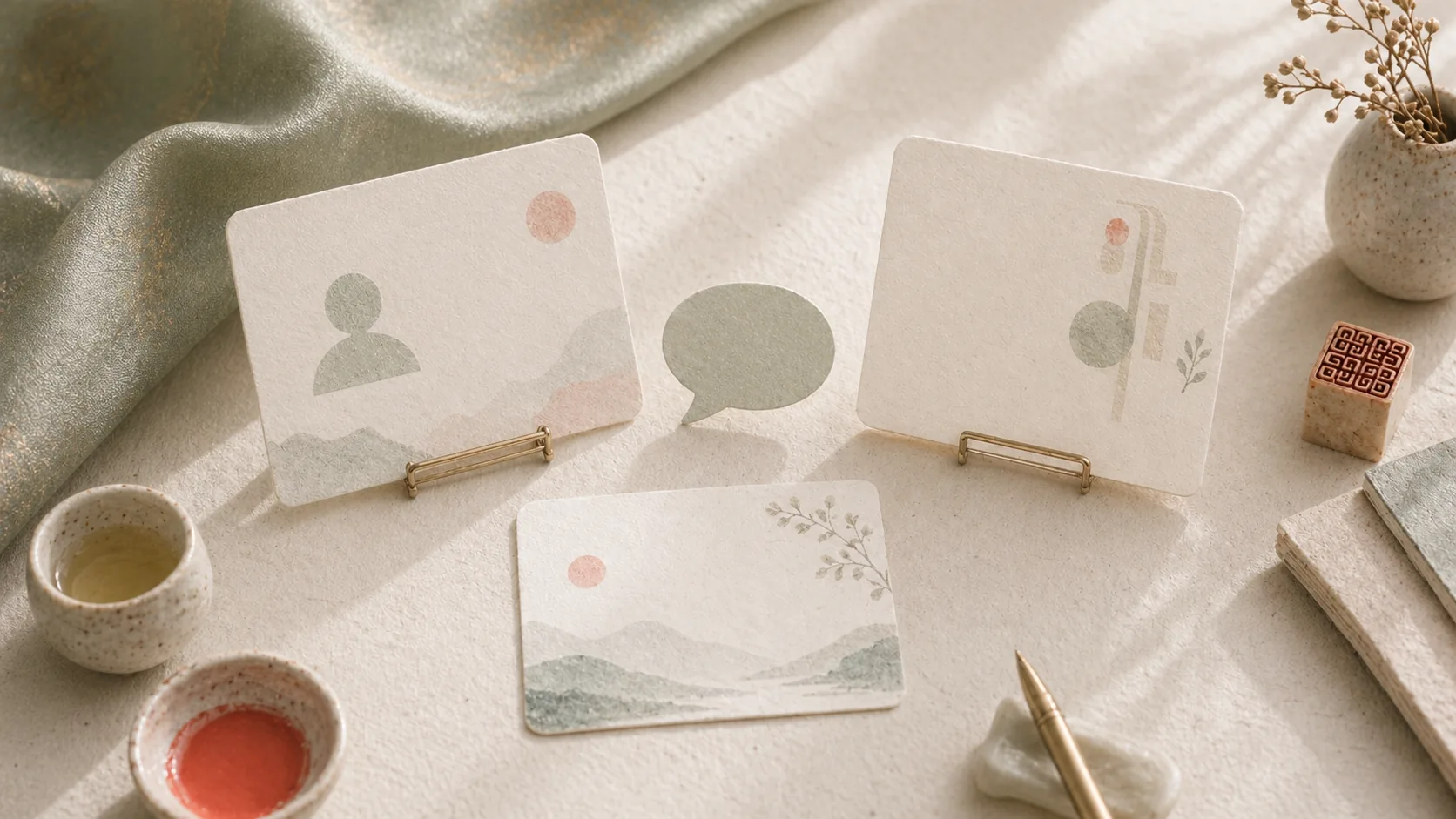 Two blank introduction cards and a paper speech bubble on a warm desk.