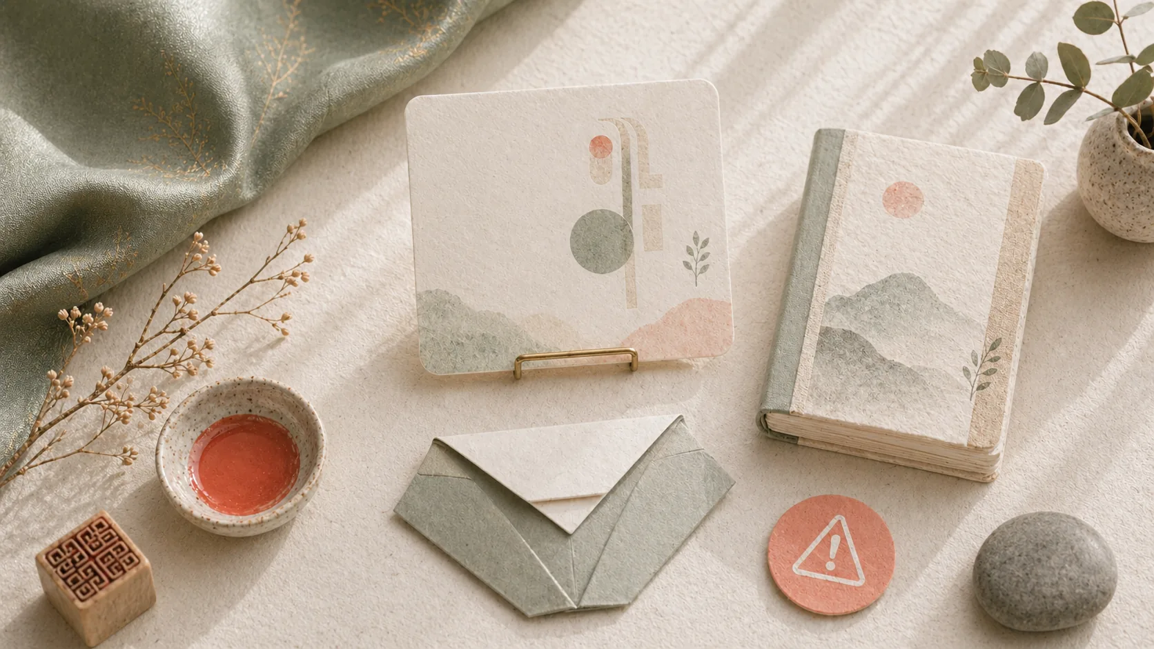 A balanced guidebook, folded paper shape, and blank name card.