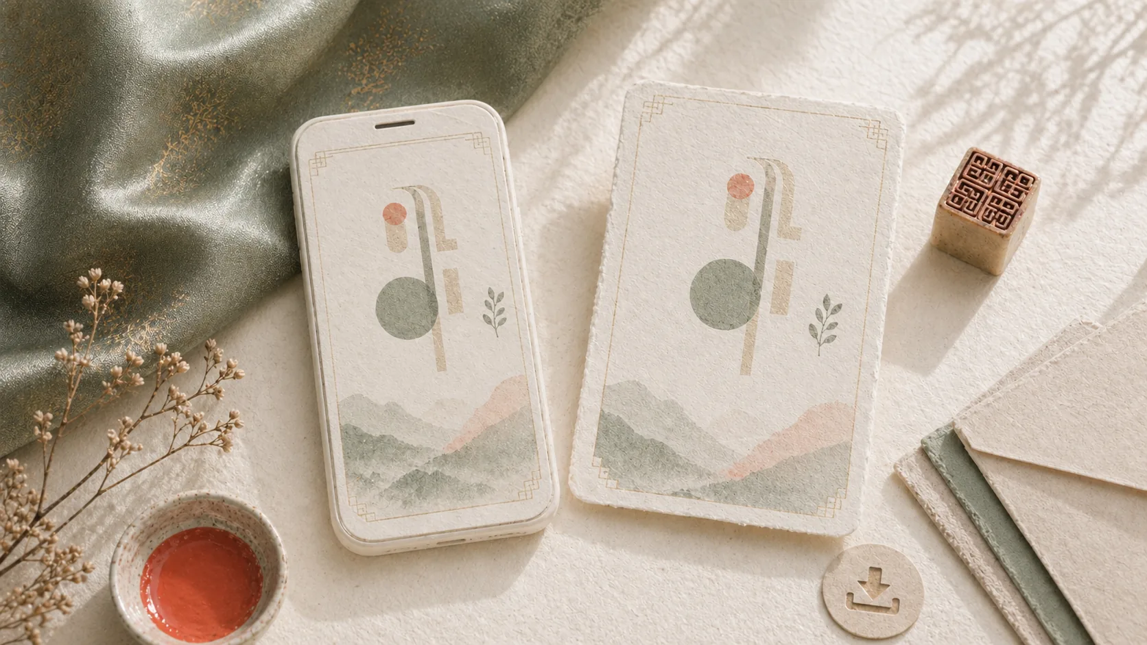 A polished blank name card presented with seal ink and a phone-shaped frame.