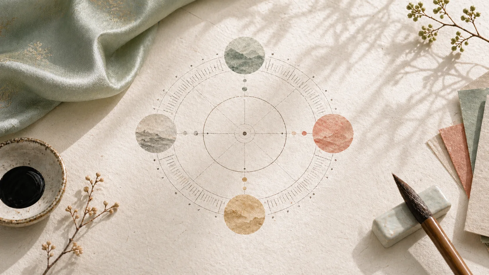 An abstract circular calendar and seasonal swatches on hanji paper.