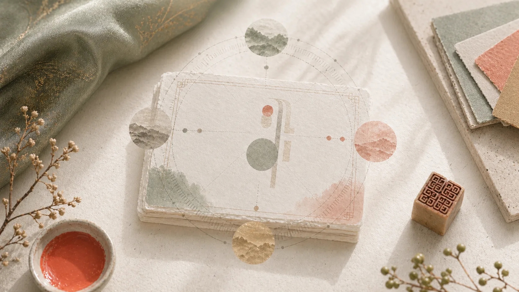 A name card with a subtle circular balance overlay.