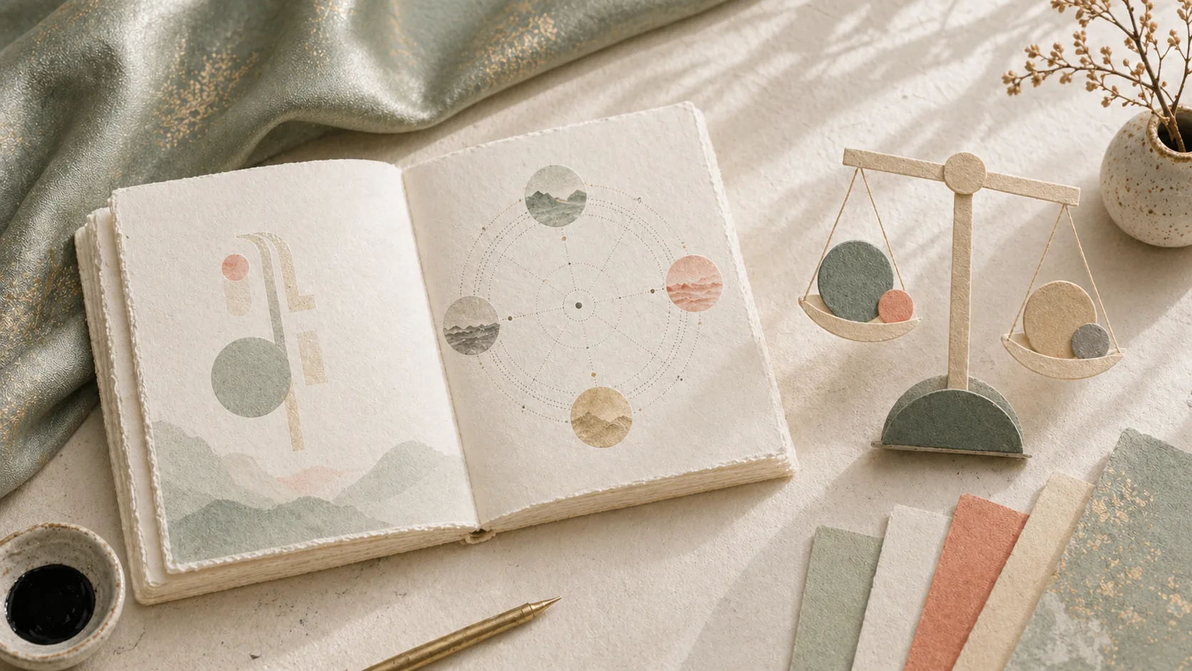 An open blank guidebook and paper balance shapes on a calm desk.