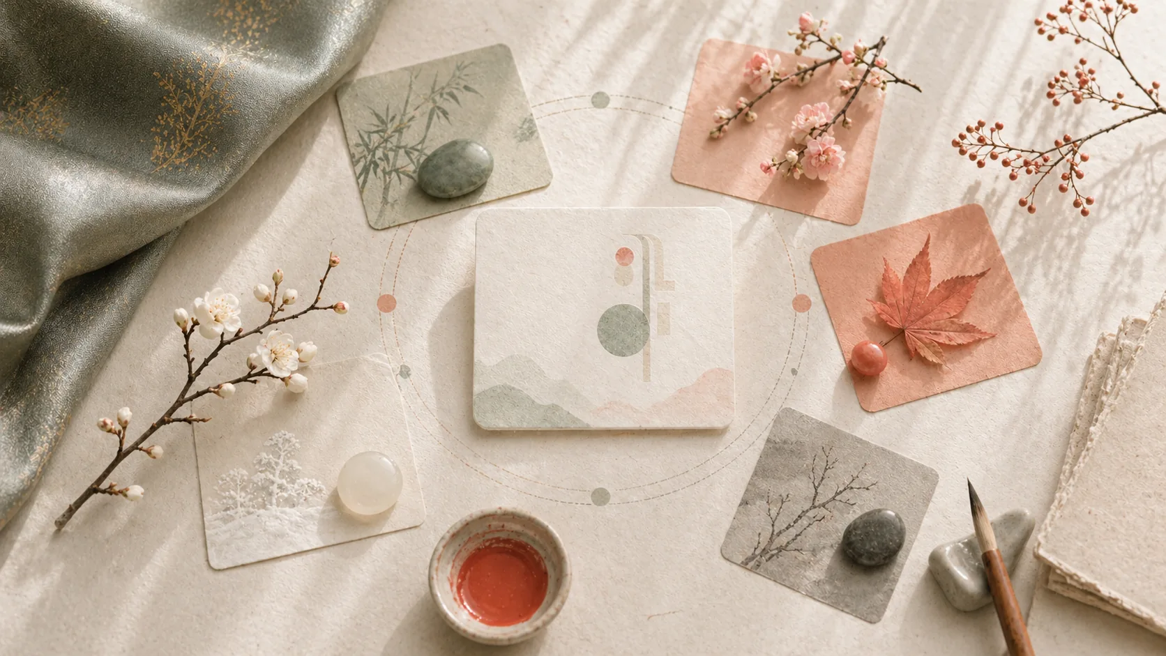 Seasonal swatches arranged around a blank Korean name card.