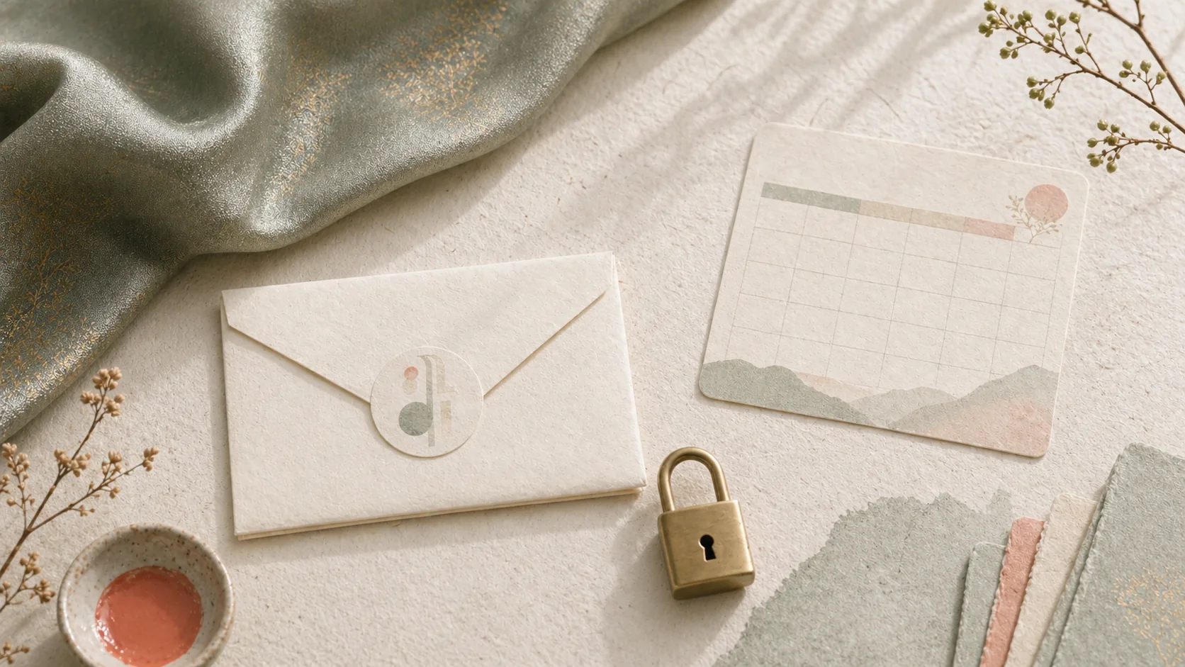 A closed envelope, privacy lock, and blank calendar card on hanji paper.