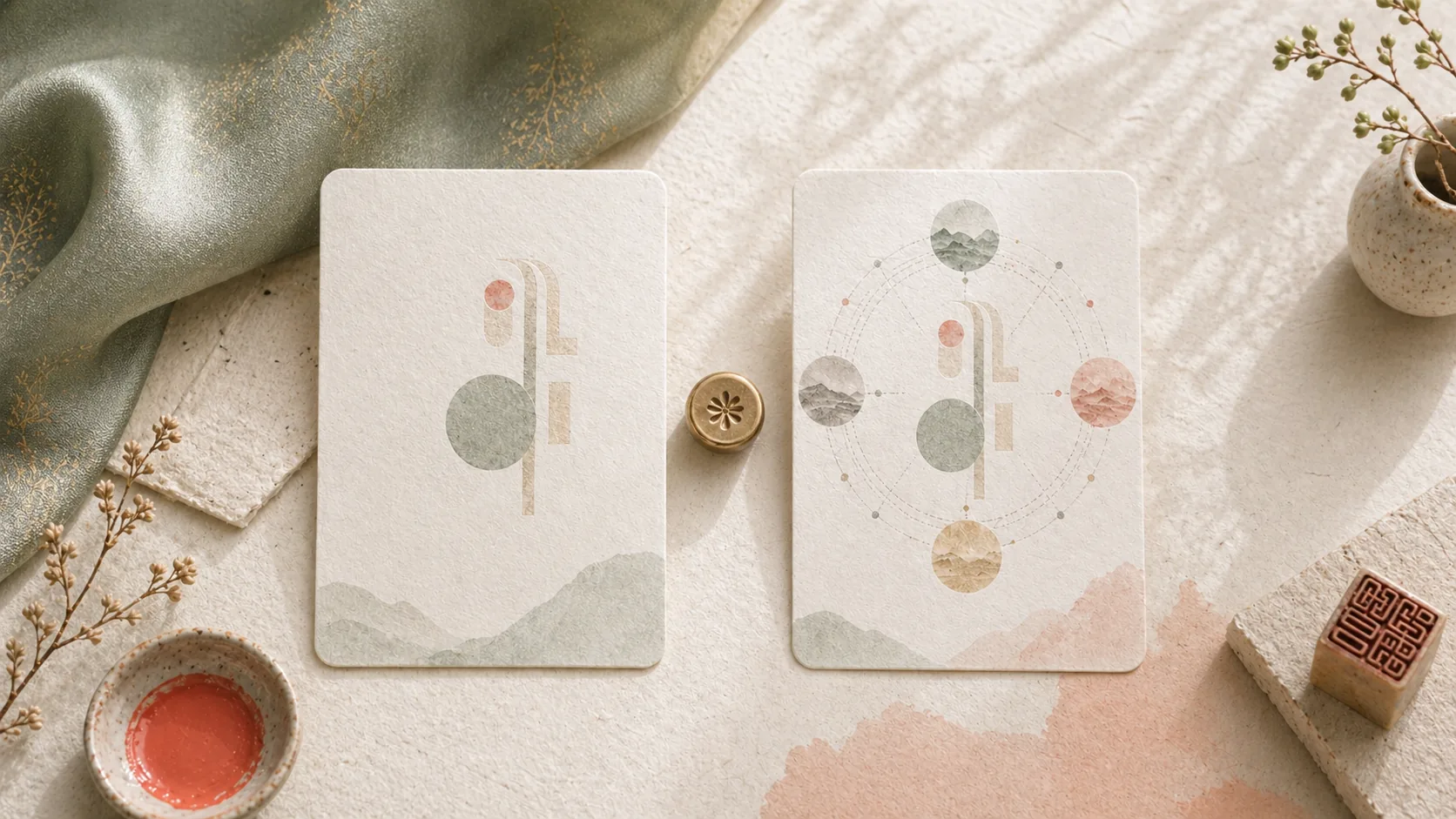 Two equal blank name cards, one simple and one with a subtle balance layer.